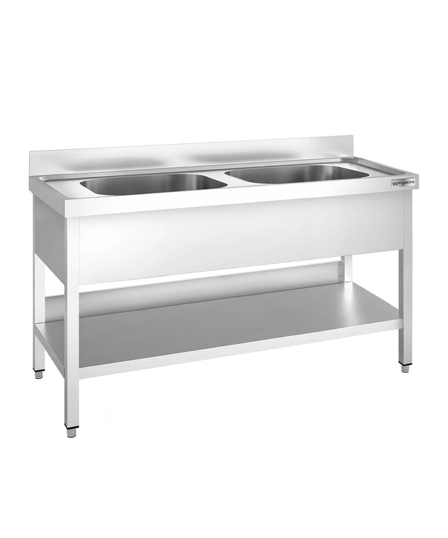 GGM Gastro Stainless Steel Commercial Sink Unit PREMIUM - 1600x700mm - with Double Bowl Centre - with Undershelf - with Upstand