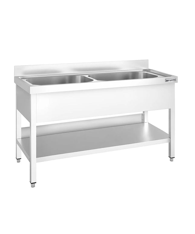 GGM Gastro Stainless Steel Commercial Sink Unit PREMIUM - 1600x700mm - with Undershelf & Double Bowl - with Upstand