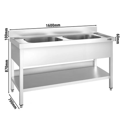 GGM Gastro Stainless Steel Commercial Sink Unit PREMIUM - 1600x700mm - with Double Bowl Centre - with Undershelf - with Upstand