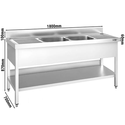 GGM Gastro Stainless Steel Commercial Sink Unit PREMIUM - 1800x700mm - with Double Bowl Centre - with Undershelf - with Upstand