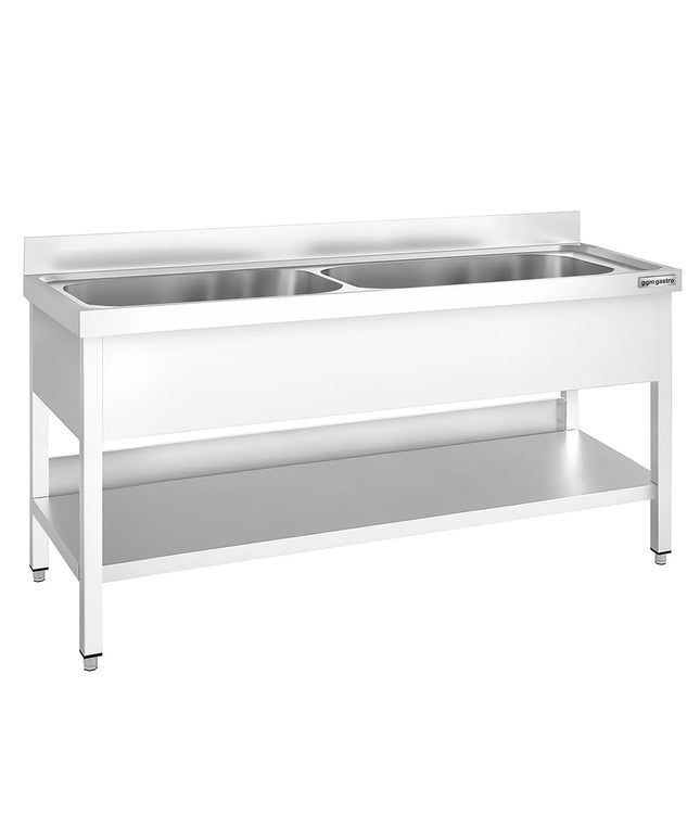 GGM Gastro Stainless Steel Commercial Sink Unit PREMIUM - 2000x700mm - with Undershelf & Double Bowl - with Upstand