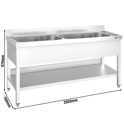 GGM Gastro Stainless Steel Commercial Sink Unit PREMIUM - 2000x700mm - with Undershelf & Double Bowl - with Upstand