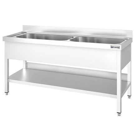 GGM Gastro Stainless Steel Commercial Sink Unit PREMIUM - 2000x700mm - with Undershelf & Double Bowl - with Upstand