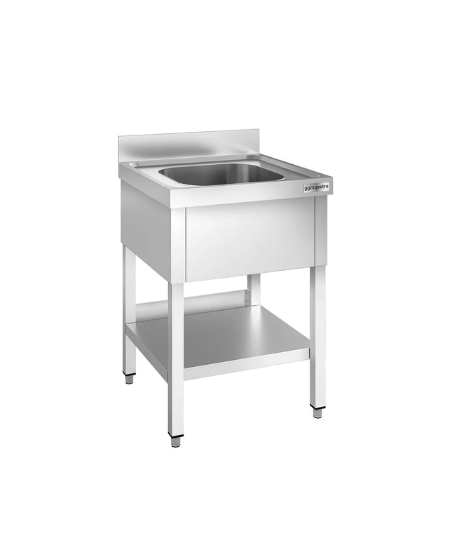 GGM Gastro Stainless Steel Commercial Sink Unit PREMIUM - 600x600mm - with Single Bowl Centre - with Undershelf - with Upstand