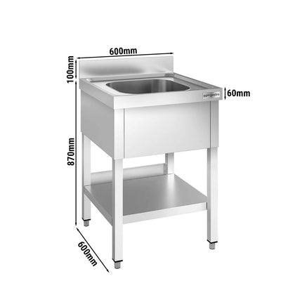 GGM Gastro Stainless Steel Commercial Sink Unit PREMIUM - 600x600mm - with Single Bowl Centre - with Undershelf - with Upstand