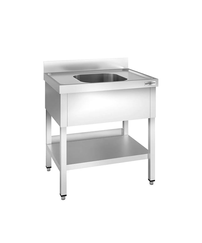 GGM Gastro Stainless Steel Commercial Sink Unit PREMIUM - 800x600mm - with Single Bowl Centre - with Undershelf - with Upstand