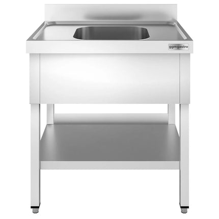 GGM Gastro Stainless Steel Commercial Sink Unit PREMIUM - 800x600mm - with Single Bowl Centre - with Undershelf - with Upstand