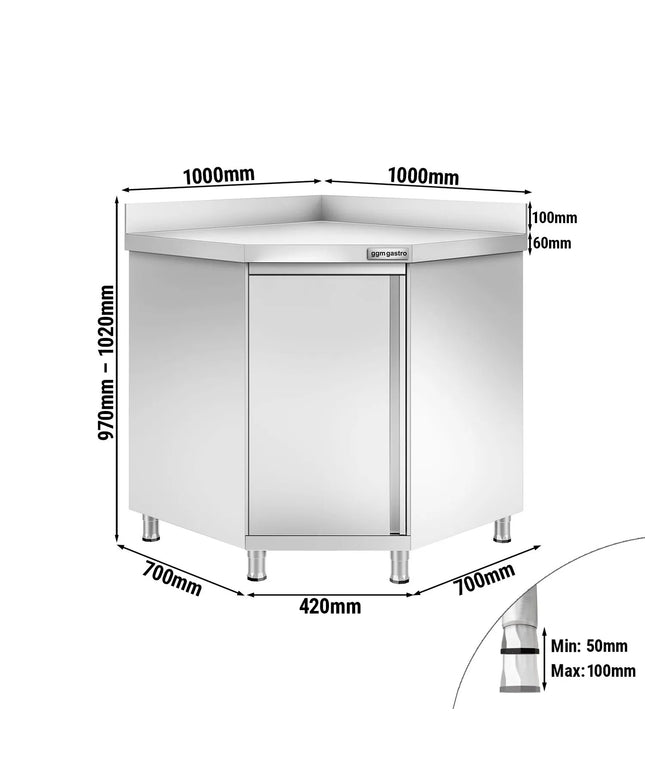 GGM Gastro Stainless Steel Corner Floor Cupboard PREMIUM - 1000x1000mm - with Hinged Doors & Upstand