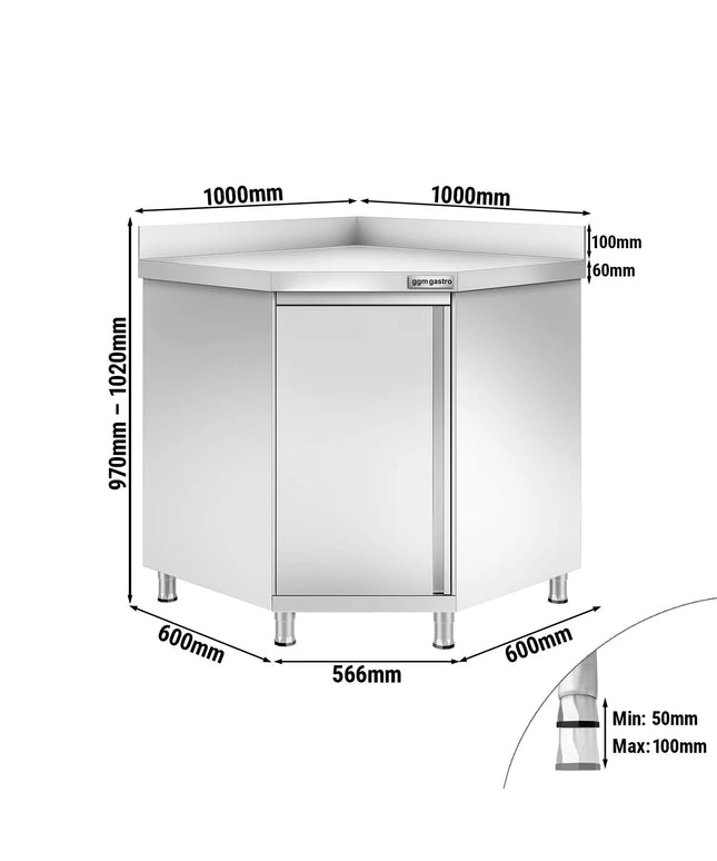 GGM Gastro Stainless Steel Corner Floor Cupboard PREMIUM - 1000x1000mm - with Hinged Doors & Upstand