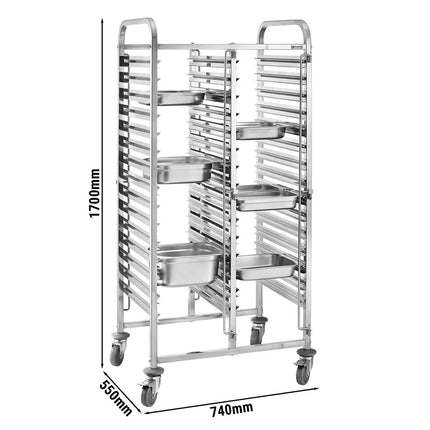 GGM Gastro Stainless Steel Double Gastronorm Racking Trolley - 16-Level - for 16 x GN 1/1 Trays - with low-noise braked castors