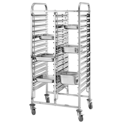 GGM Gastro Stainless Steel Double Gastronorm Racking Trolley - 16-Level - for 16 x GN 1/1 Trays - with low-noise braked castors