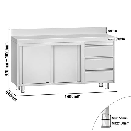 GGM Gastro Stainless Steel Floor Cupboard ECO - 1400x600mm - with Sliding Doors - with 3 Drawers right & Upstand