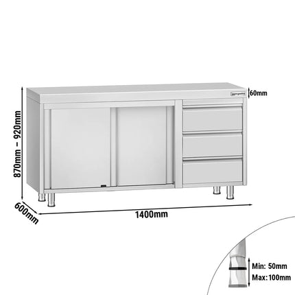 GGM Gastro Stainless Steel Floor Cupboard ECO - 1400x600mm - with Sliding Doors - with 3 Drawers right