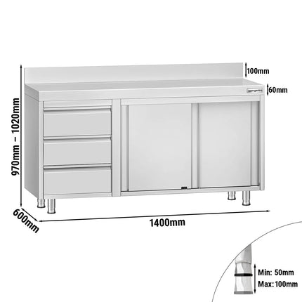 GGM Gastro Stainless Steel Floor Cupboard ECO - 1400x600mm - with Sliding Doors | with 3 Drawers left & Upstand