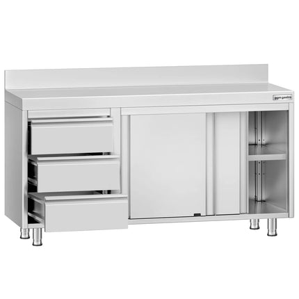 GGM Gastro Stainless Steel Floor Cupboard ECO - 1400x600mm - with Sliding Doors | with 3 Drawers left & Upstand