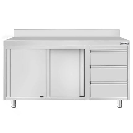 GGM Gastro Stainless Steel Floor Cupboard ECO - 1400x600mm - with Sliding Doors - with 3 Drawers right & Upstand