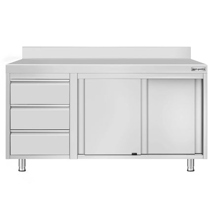 GGM Gastro Stainless Steel Floor Cupboard ECO - 1400x600mm - with Sliding Doors | with 3 Drawers left & Upstand