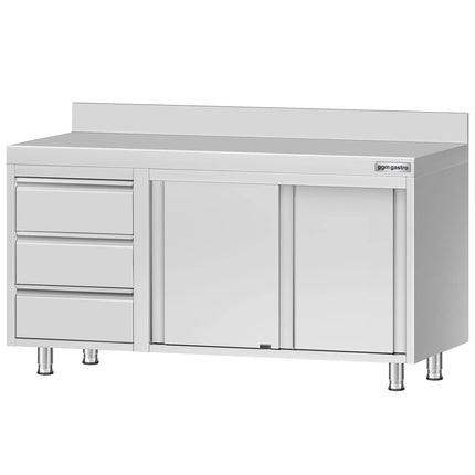 GGM Gastro Stainless Steel Floor Cupboard ECO - 1400x600mm - with Sliding Doors | with 3 Drawers left & Upstand