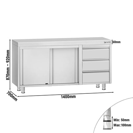 GGM Gastro Stainless Steel Floor Cupboard ECO - 1400x700mm - with Sliding Doors with 3 Drawers right