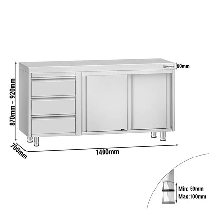 GGM Gastro Stainless Steel Floor Cupboard ECO - 1400x700mm - with Sliding Doors | 3 Drawers left