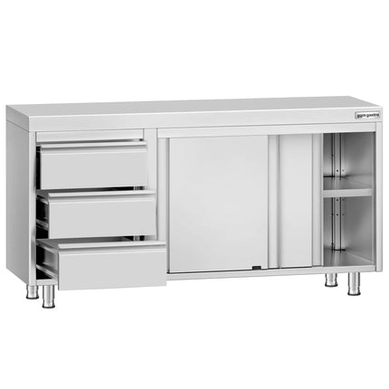GGM Gastro Stainless Steel Floor Cupboard ECO - 1400x700mm - with Sliding Doors | 3 Drawers left