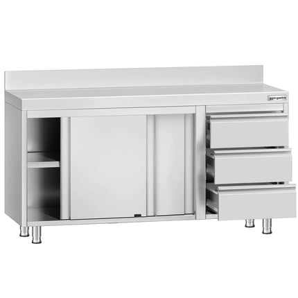 GGM Gastro Stainless Steel Floor Cupboard ECO - 1400x700mm - with Sliding Doors, 3 Drawers right & Upstand