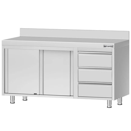 GGM Gastro Stainless Steel Floor Cupboard ECO - 1400x700mm - with Sliding Doors, 3 Drawers right & Upstand