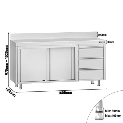 GGM Gastro Stainless Steel Floor Cupboard ECO - 1600x600mm - with Sliding Doors - with 3 Drawers right & Upstand