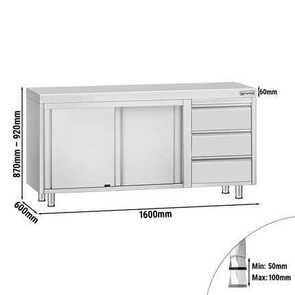 GGM Gastro Stainless Steel Floor Cupboard ECO - 1600x600mm - with Sliding Doors & 3 Drawers right