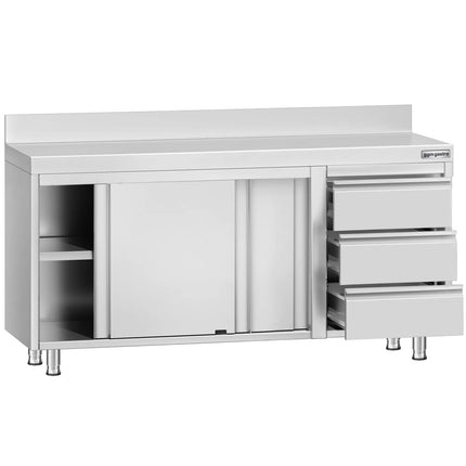 GGM Gastro Stainless Steel Floor Cupboard ECO - 1600x600mm - with Sliding Doors - with 3 Drawers right & Upstand