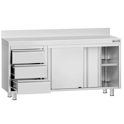 GGM Gastro Stainless Steel Floor Cupboard ECO - 1600x600mm - with Sliding Doors - with 3 Drawers left & Upstand