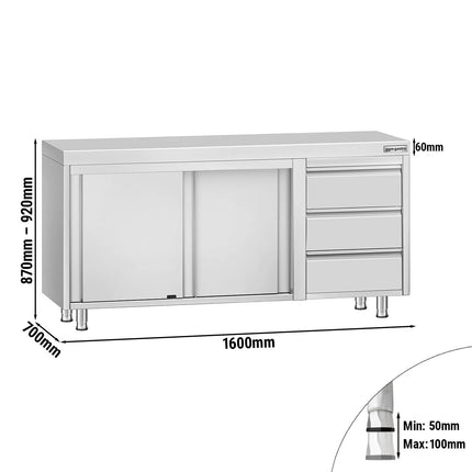 GGM Gastro Stainless Steel Floor Cupboard ECO - 1600x700mm - with 3 Drawers right & Sliding Doors