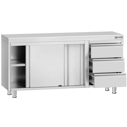 GGM Gastro Stainless Steel Floor Cupboard ECO - 1600x700mm - with 3 Drawers right & Sliding Doors