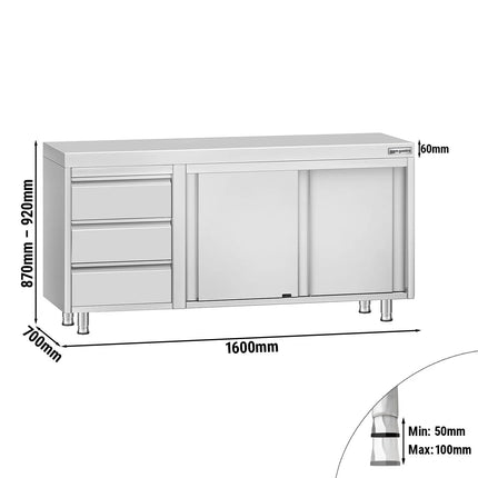 GGM Gastro Stainless Steel Floor Cupboard ECO - 1600x700mm - with Sliding Doors & 3 Drawers left