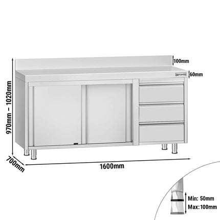 GGM Gastro Stainless Steel Floor Cupboard ECO - 1600x700mm - with Sliding Doors, 3 Drawers right & Upstand