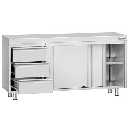 GGM Gastro Stainless Steel Floor Cupboard ECO - 1600x700mm - with Sliding Doors & 3 Drawers left