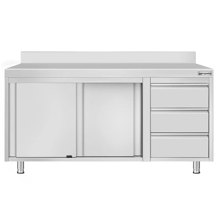 GGM Gastro Stainless Steel Floor Cupboard ECO - 1600x700mm - with Sliding Doors, 3 Drawers right & Upstand