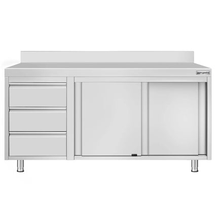 GGM Gastro Stainless Steel Floor Cupboard ECO - 1600x700mm - with Sliding Doors, with 3 Drawers left & Upstand