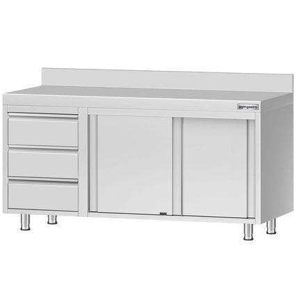 GGM Gastro Stainless Steel Floor Cupboard ECO - 1600x700mm - with Sliding Doors, with 3 Drawers left & Upstand