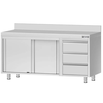 GGM Gastro Stainless Steel Floor Cupboard ECO - 1600x700mm - with Sliding Doors, 3 Drawers right & Upstand