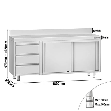 GGM Gastro Stainless Steel Floor Cupboard ECO - 1800x600mm - with Sliding Doors with 3 Drawers left & Upstand
