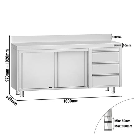 GGM Gastro Stainless Steel Floor Cupboard ECO - 1800x600mm - with Sliding Doors with 3 Drawers right & Upstand