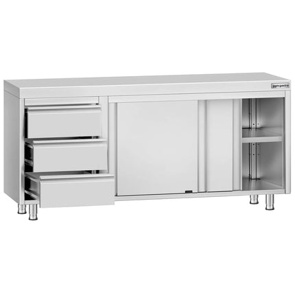 GGM Gastro Stainless Steel Floor Cupboard ECO - 1800x600mm - with Sliding Doors & 3 Drawers left