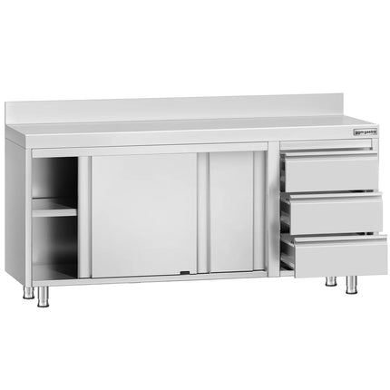 GGM Gastro Stainless Steel Floor Cupboard ECO - 1800x600mm - with Sliding Doors with 3 Drawers right & Upstand
