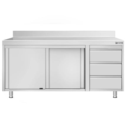 GGM Gastro Stainless Steel Floor Cupboard ECO - 1800x600mm - with Sliding Doors with 3 Drawers right & Upstand
