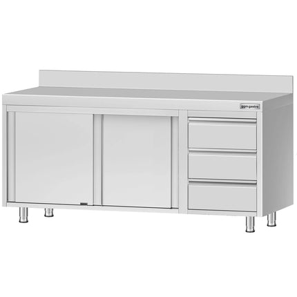 GGM Gastro Stainless Steel Floor Cupboard ECO - 1800x600mm - with Sliding Doors with 3 Drawers right & Upstand
