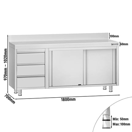 GGM Gastro Stainless Steel Floor Cupboard ECO - 1800x700mm - with 3 Drawers left & Upstand - with Sliding Doors
