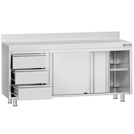 GGM Gastro Stainless Steel Floor Cupboard ECO - 1800x700mm - with 3 Drawers left & Upstand - with Sliding Doors