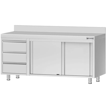 GGM Gastro Stainless Steel Floor Cupboard ECO - 1800x700mm - with 3 Drawers left & Upstand - with Sliding Doors