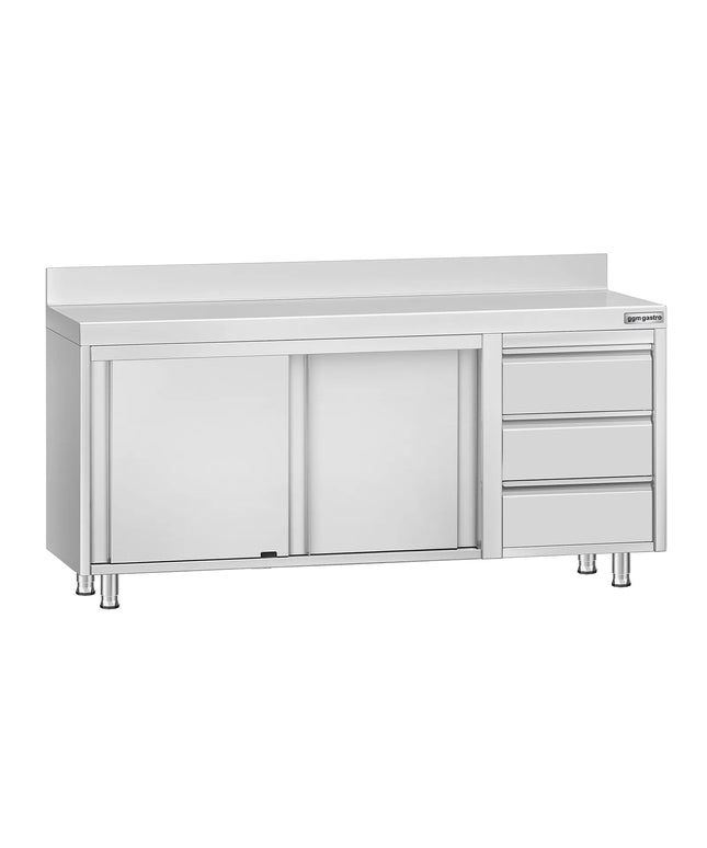 GGM Gastro Stainless Steel Floor Cupboard ECO - 1800x700mm - with Sliding Doors, 3 Drawers right & Upstand
